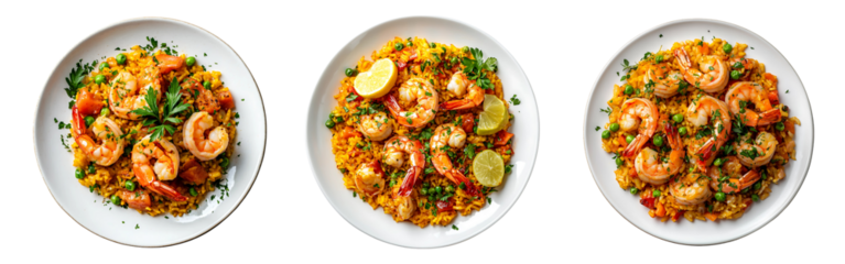 A collection of perfectly plated paella dishes featuring artistically arranged plump shrimp and vibrant green herbs, isolated on a white or transparent background.