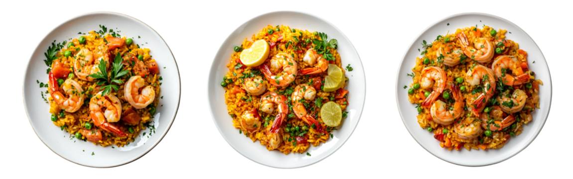 A collection of perfectly plated paella dishes featuring artistically arranged plump shrimp and vibrant green herbs, isolated on a white or transparent background.