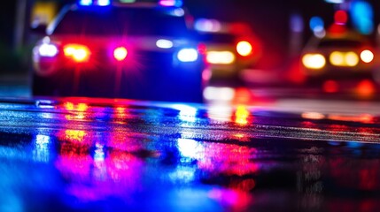 Police lights flashing against the dark night sky, symbolizing vigilance and protection in the face of uncertainty. The essence of law enforcement's unwavering commitment to safety and order.