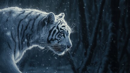 Obraz premium A white tiger captured mid-snowfall, its fur and whiskers frosted with ice, with a dense snowy forest fading into the background, creating a mystical atmosphere.