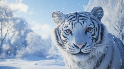 A white tiger staring directly at the viewer, its fur dusted with snow, against a backdrop of frosty trees and a cold, clear winter sky.