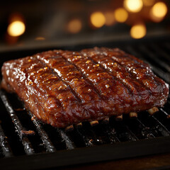 Succulent Glazed Rack of Ribs Cooking on Barbecue, Golden-Brown Glaze, Blurred Bokeh Background, Food Photography for Food Marketing
