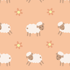 Children's seamless pattern vector. Cute simple sheep with flowers background for fabric, wrapping, textile