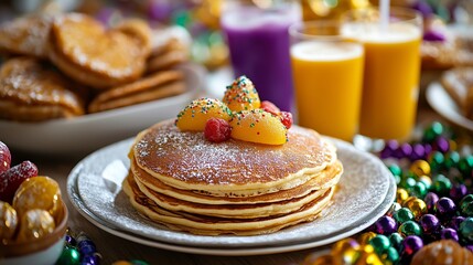 A vibrant display of Mardi Gras celebration foods, featuring pancakes topped with fruits and surrounded by colorful masks, beads, and festive drinks