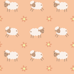 Obraz premium Children seamless pattern. Cute simple sheep with flowers background for fabric, wrapping, textile