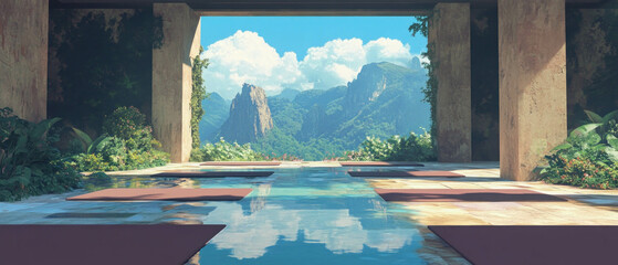 Fototapeta premium Serene yoga retreat setting with mountain backdrop and tranquil water reflection