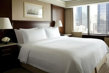 Luxurious hotel room with king-size bed, crisp white linens, city view, and modern decor.  Perfect for travel, hospitality, or real estate advertising.