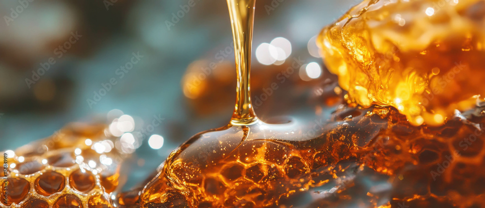 Poster Close-up view of honeycomb with golden honey dripping from its surface