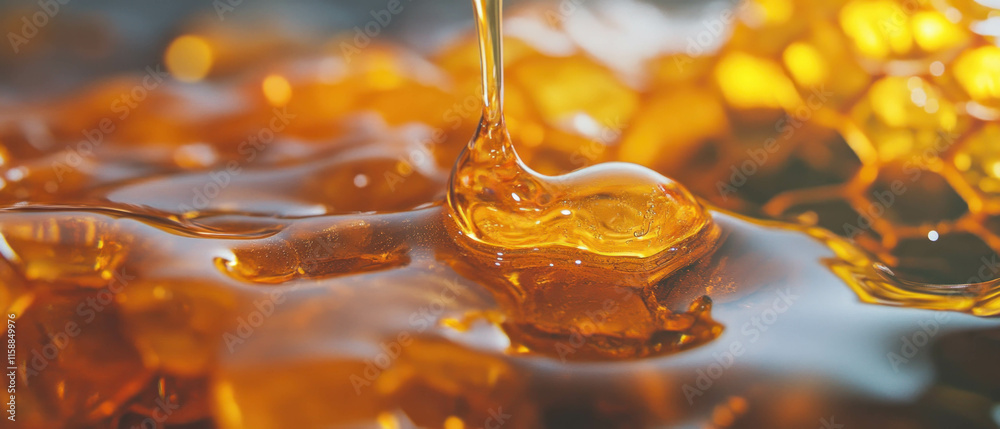 Poster close-up view of honey dripping from a honeycomb with a golden glow in natural setting