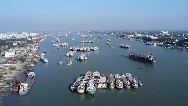 Hundreds of ships are anchored near the Chittagong port on the Karnaphuli River. Chittagong port is one of the ports of Bangladesh. This port plays a significant role in import and export.