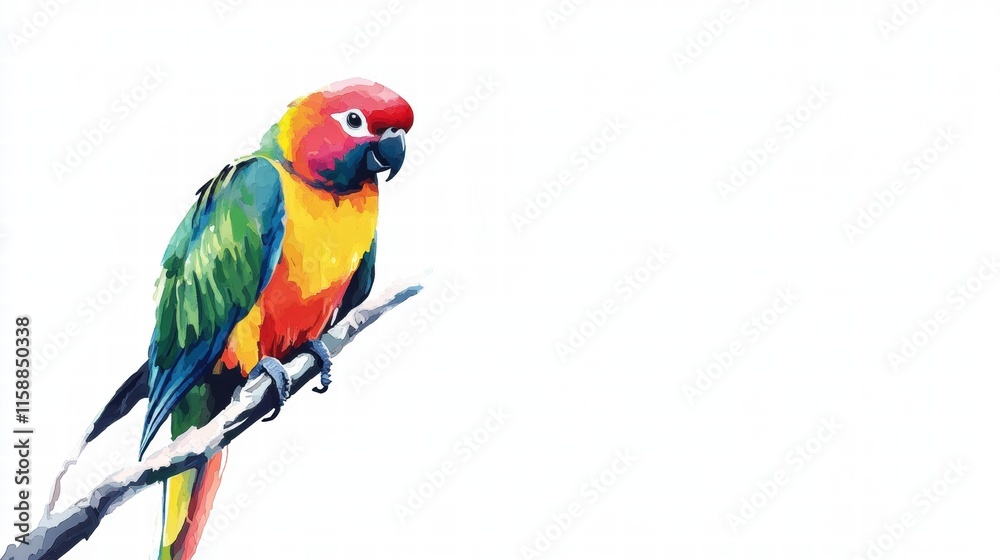 Fototapete bright parrot illustration perched on a branch with ample space for text and design customization. g
