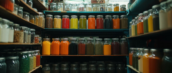 Colorful assortment of spices in jars creating a vibrant and inviting background scene