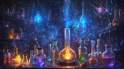 An artistic representation of a Bunsen burner amidst a flurry of scientific tools, emphasizing the theme of exploration.
