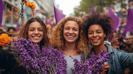 A diverse group of women joyfully celebrating International Women's Day, holding purple banners and flowers in a vibrant setting