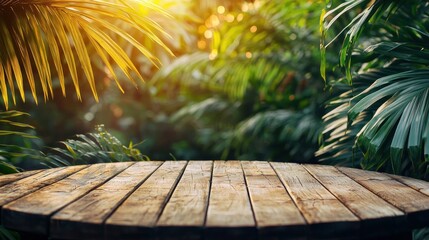 Wooden table in tropical garden.