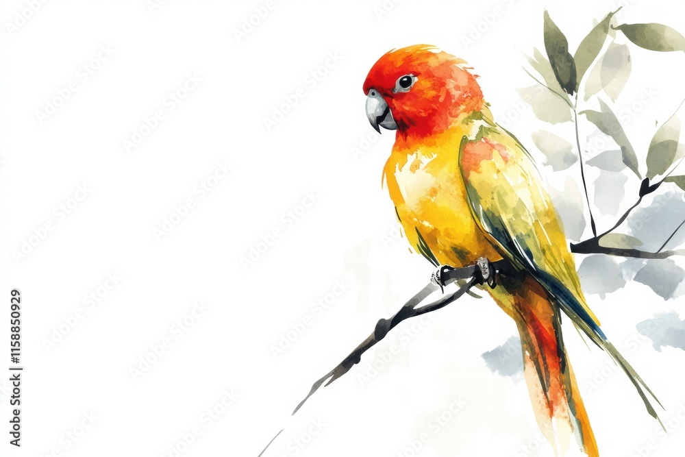Fototapete bright parrot perched on a branch offers vibrant colors and artistic flair with empty space for text