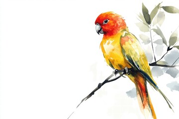 Bright parrot perched on a branch offers vibrant colors and artistic flair with empty space for text or design elements. Generative AI