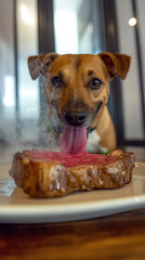 3.  Fresh Greens and Steak on Table with Black and Tan Dog in Restaurant Scene