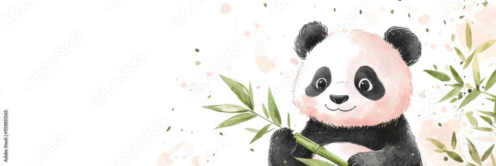 Poster panda happily holding bamboo with plenty of space for text and colorful background. generative ai