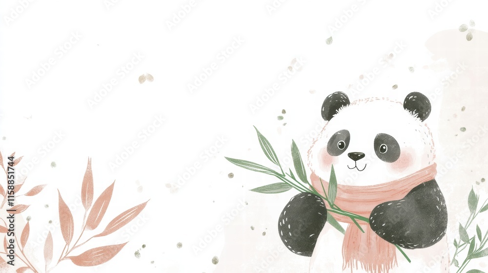 Poster cute panda joyfully holding bamboo with soft pastels and ample copy space for text. generative ai