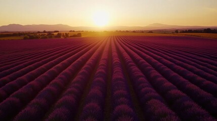 Fototapeta premium A serene composition of purple lavender fields under a golden sunset, aerial shot, Naturalistic style
