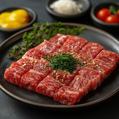 Raw Beef Tenderloin, Green Herbs, Rosemary Sprig on Dark Surface, Food Presentation