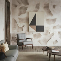 Armchair near stucco wall with geometric painting. Minimalist, japandi interior design of modern living room.