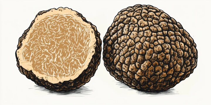 Illustration of a whole and halved truffle, showcasing its textured exterior and interior.