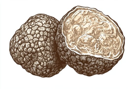 Two truffles, one cut open, showcasing its textured exterior and creamy interior.