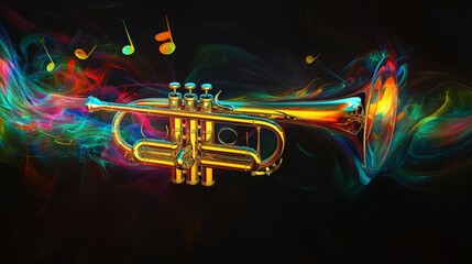 Colorful trumpet with musical notes and swirling light, vibrant abstract art, dark background