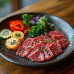 Sushi Presentation, Dark Plate with Fresh Vegetables and Cherry Tomatoes, on Dark Table in Dimly Lit Environment, for Food Marketing