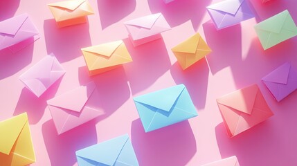 Fototapeta premium Colorful envelopes scattered on a pink surface