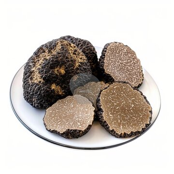 A plate displaying whole and sliced truffles, showcasing their unique textures.