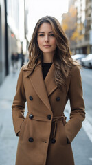 Fototapeta premium A sleek female model wearing a perfectly tailored mocha mousse-colored cashmere coat