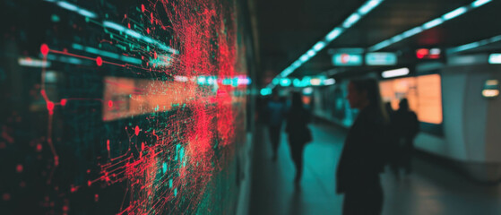 Transportation network map displayed on a wall in a modern transit station