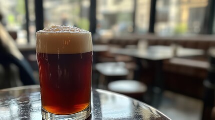 A diagonal shot of a pint of ruby-red ale, focusing on its frothy top and deep caramel tones .