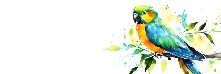 Fototapeta premium Bright parrot perched on branch with vibrant colors and a clear background for mock up or text placement. Generative AI