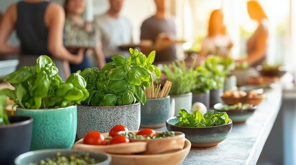 A vibrant kitchen scene featuring fresh herbs and vegetables in bowls, with individuals participating in a healthy cooking class in the background