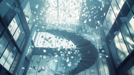 Fototapeta premium Crumbling spiral staircase in modern building interior.