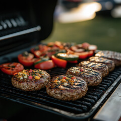 Grilled Burgers, Tomatoes, Peppers on Barbecue Setup for Food, Recipes, BBQ, Outdoor Cooking, Summer Gatherings