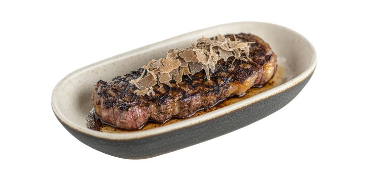 A gourmet steak served on a stylish plate, garnished with truffle slices.