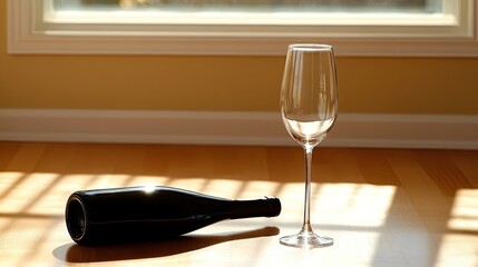 Empty wine glass and fallen wine bottle on sunlit hardwood floor near window, minimalist still life.