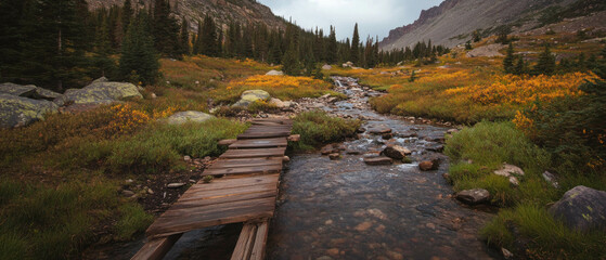 Obraz premium Wooden bridge crossing a clear stream in a vibrant mountain landscape