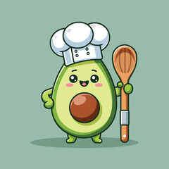 Cute Avocado Chef Cartoon Vector Icon Illustration. Fruit Nature Icon Concept Isolated Premium Vector. Flat Cartoon Style
