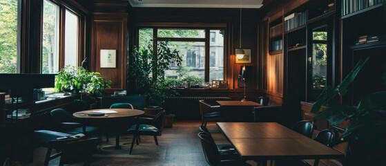 Warm interior featuring elegant wooden paneling and cozy furniture arrangement