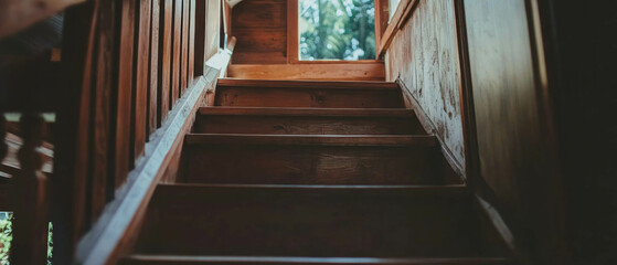 Wooden staircase leading to a serene view in a rustic home interior