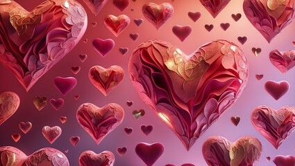 Obraz premium Sparkling Hearts Valentine Background: A collection of shimmering hearts with various textures on a dark background