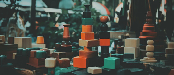 Fototapeta premium Beautifully arranged wooden toys in vibrant colors showcasing creativity and craftsmanship