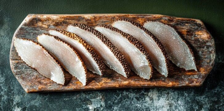 Slices of truffles arranged on a wooden board