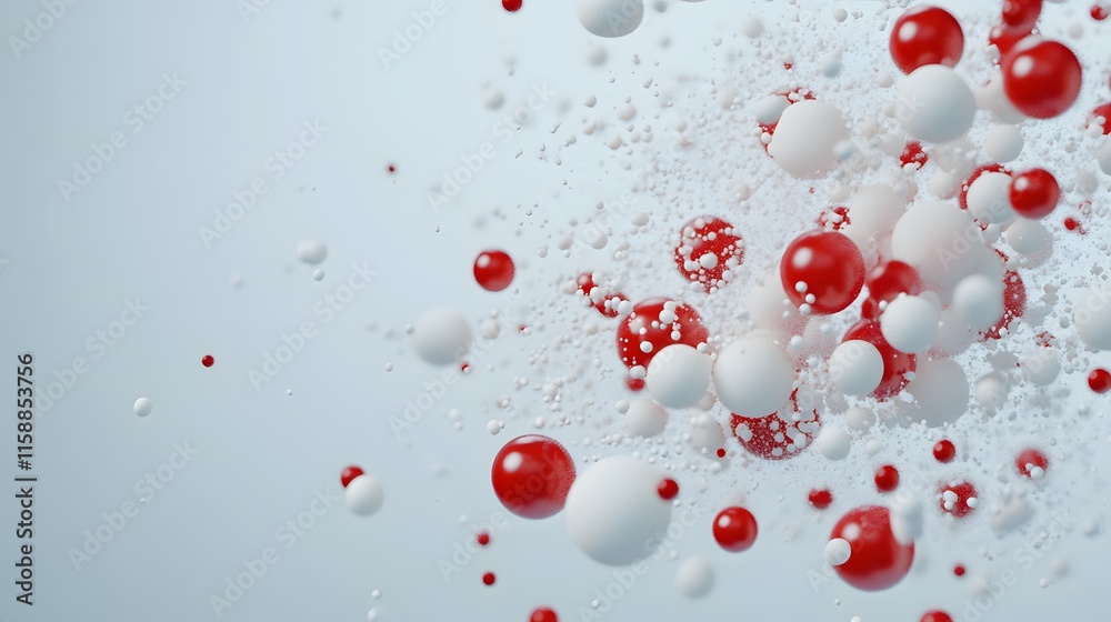 Poster abstract composition featuring red and white spheres on a light background